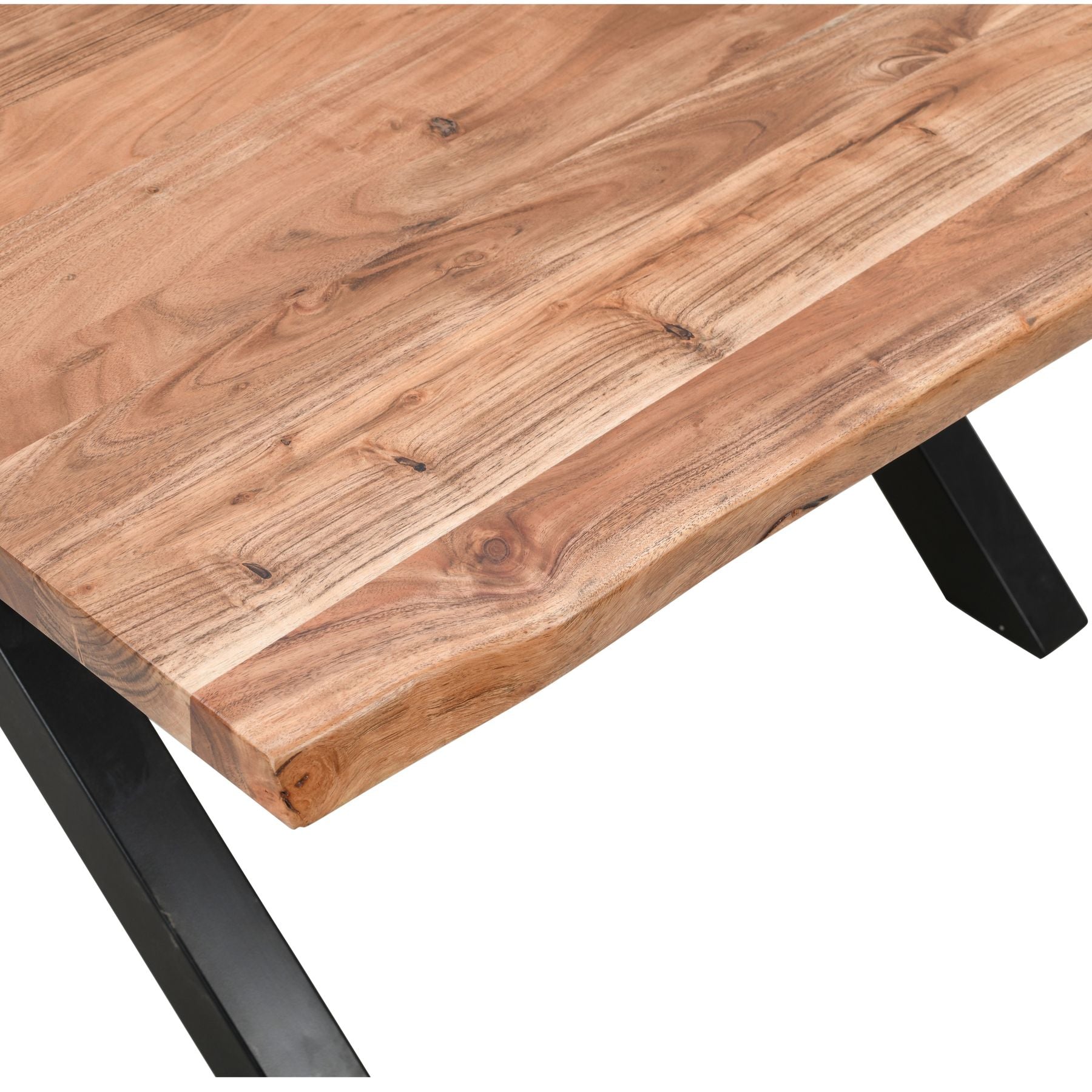 The Live Edge Large Square Dining Table is crafted from solid Acacia wood with a striking live edge and black powder-coated steel legs to add an industrial edge. L140 x W140 x H76 cm. www.nobleandnook.co.uk
