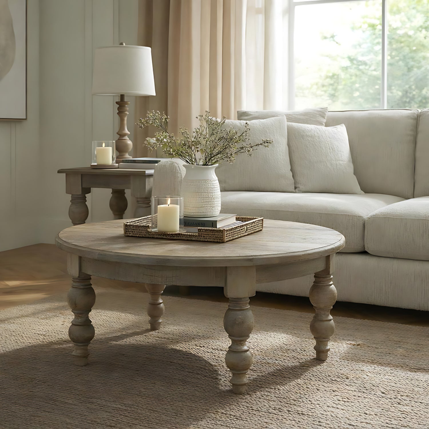 Round wooden coffee table with decorative items in a living room setting.