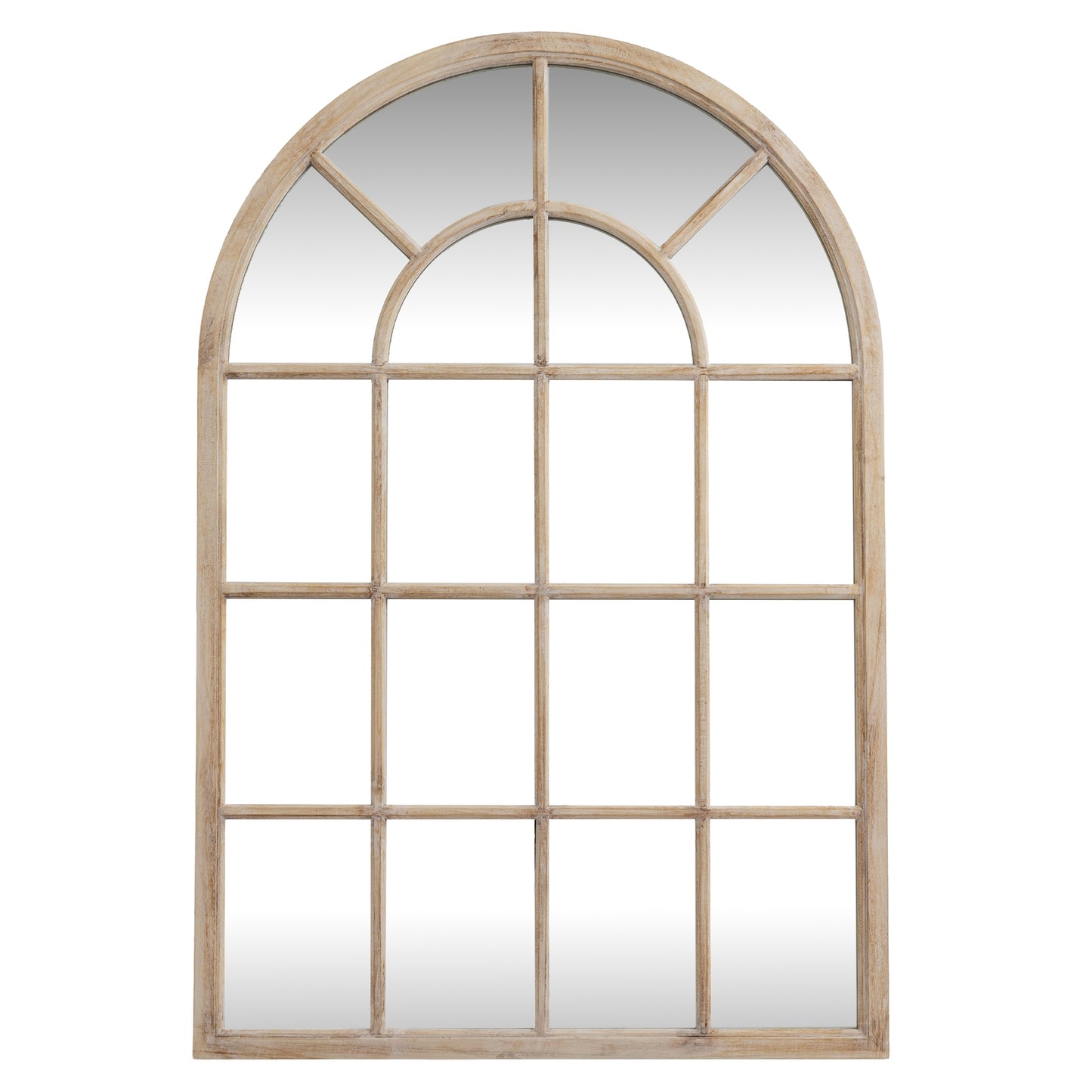 Arch-shaped window mirror with wooden frame on a white background