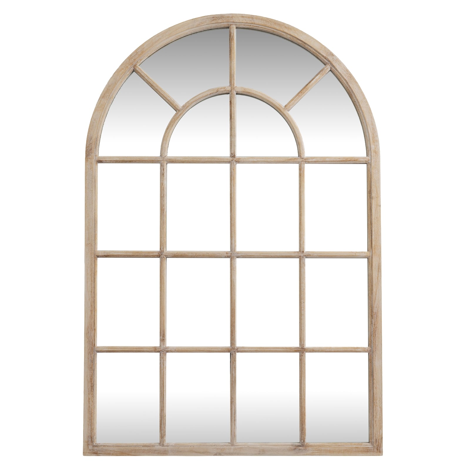 Arch-shaped window mirror with wooden frame on a white background