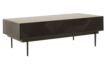The Kajara Coffee Table pairs black carved wood finish with clean black metal legs, offering an elegant balance between rustic charm and modern minimalism. Shop online today at www.nobleandnook.co.uk