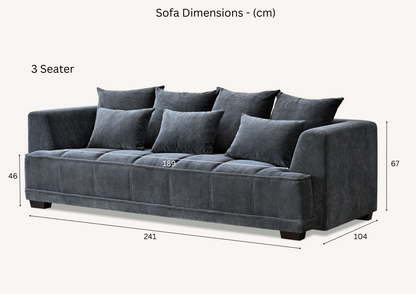 Shop the Aluxo Gramercy 3 Seater Sofa in Steel Velvet, featuring block stitched seat cushions and stunning steel-coloured mermaid boucle fabric for a modern luxury with timeless opulence. Shop online today at www.nobleandnook.co.uk