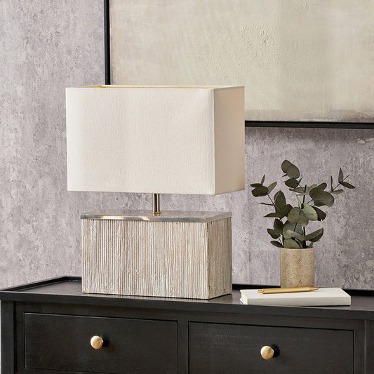 Make a stylish statement with the stylish rectangular Hampton White Wash Wood Table Lamp with a soft grey washed wood effect and a crisp white handloom cotton shade. W35 x D15 x H45 cm. Available today at www.nobleandnook.co.uk