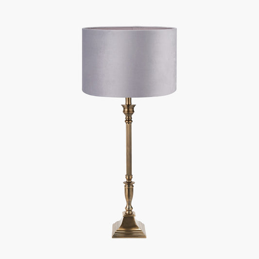 Canterbury Antique Brass Metal Table Lamp Base with 35cm Light Grey Velvet Cylinder Lampshade