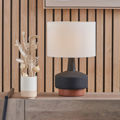 Elio Black and Wood Effect Textured Ceramic Table Lamp