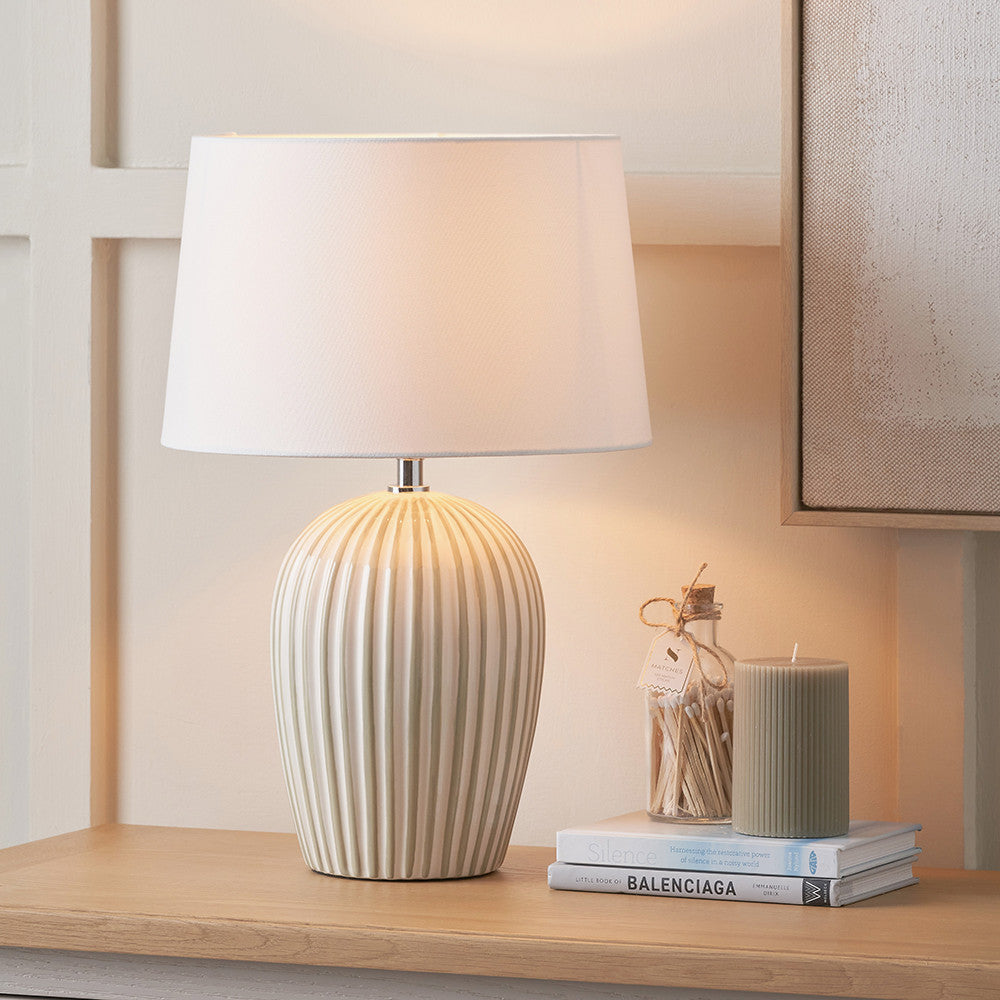 Cannes Sage & White Stripe Ceramic Table Lamp | Decorative Table Lamp