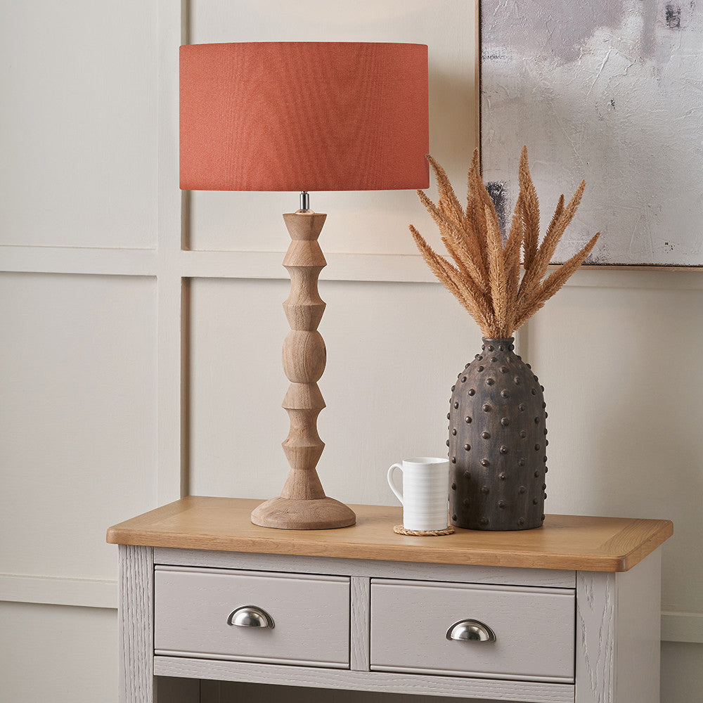 Ayra Natural Turned Wood Table Lamp with Henry 40cm Tobacco Handloom Shade
