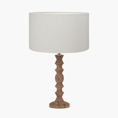 Ayra Natural Modernist Turned Wood Table Lamp Base with Henry 35cm White Handloom Cylinder Lampshade