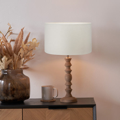 Ayra Natural Modernist Turned Wood Table Lamp Base with Henry 35cm White Handloom Cylinder Lampshade