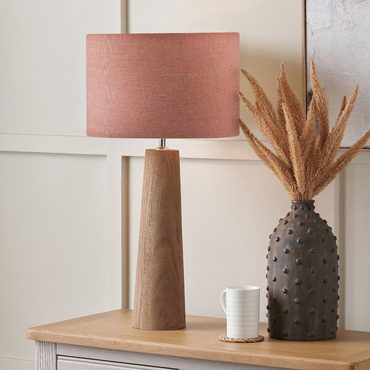 Esha Natural Wood Table Lamp with Apricot Linen Shade | Table Lamp