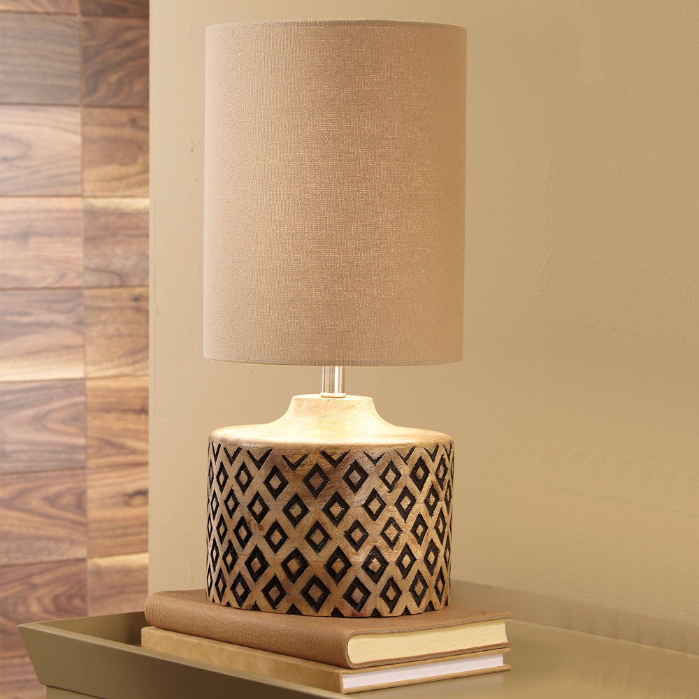 Orissa Short Wooden Diamond Table Lamp | Hand Carved Wooden Lamp