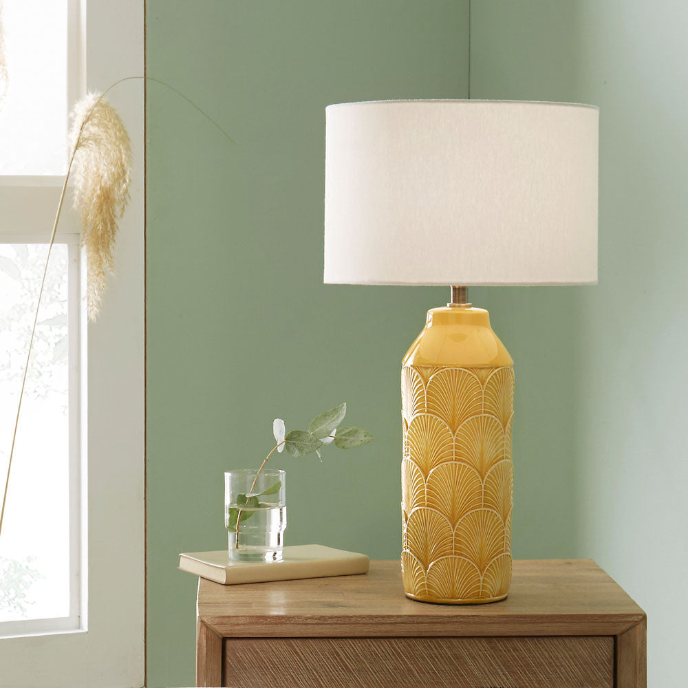 Bethan Mustard Ceramic Table Lamp | Embossed Art Deco Design with Ivory Shade
