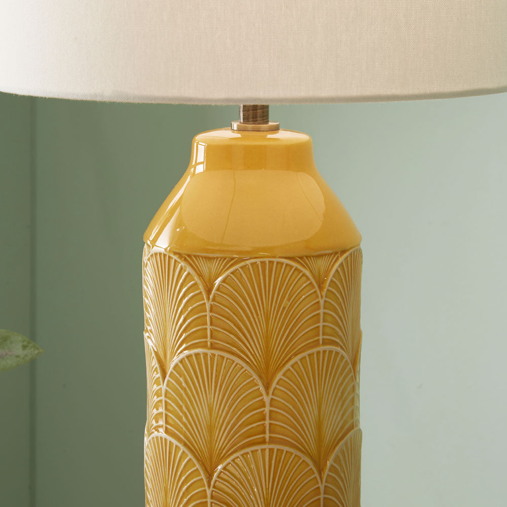 Bethan Mustard Ceramic Table Lamp | Embossed Art Deco Design with Ivory Shade