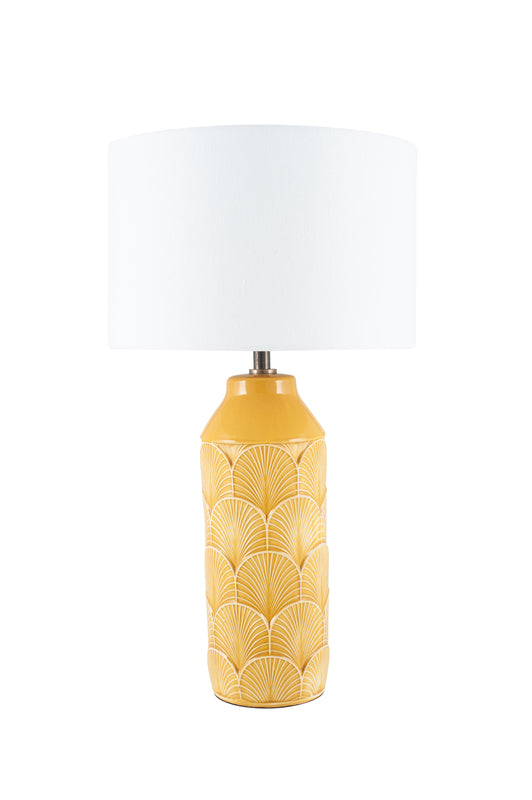 Bethan Mustard Ceramic Table Lamp | Embossed Art Deco Design with Ivory Shade