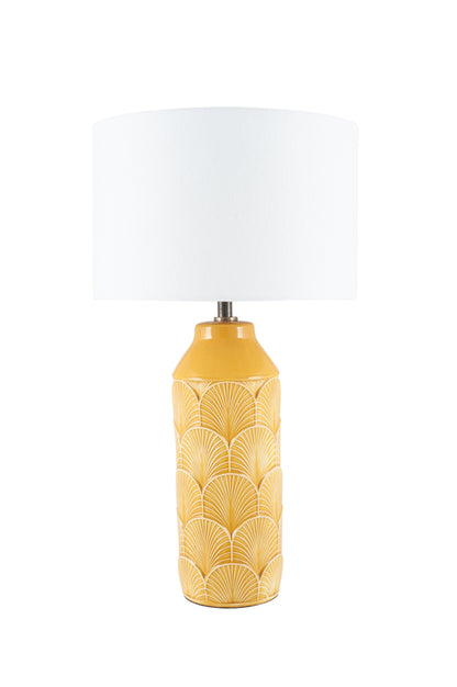 Bethan Mustard Ceramic Table Lamp | Embossed Art Deco Design with Ivory Shade
