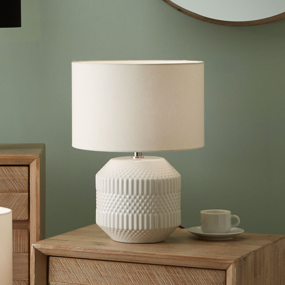 Meribel White Geo Textured Ceramic Table Lamp | Neutral Table Lamp