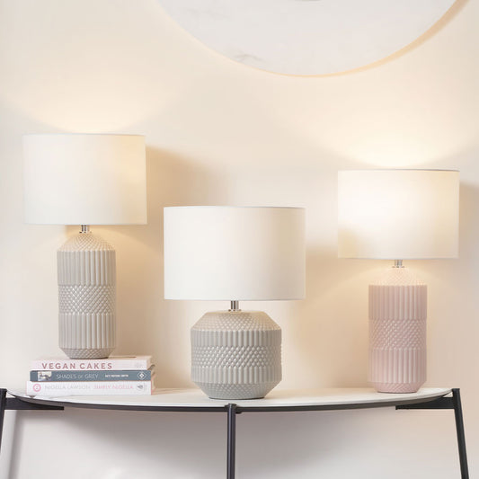 Meribel Grey Geo Textured Tall Ceramic Table Lamp | Modern Table Lamp