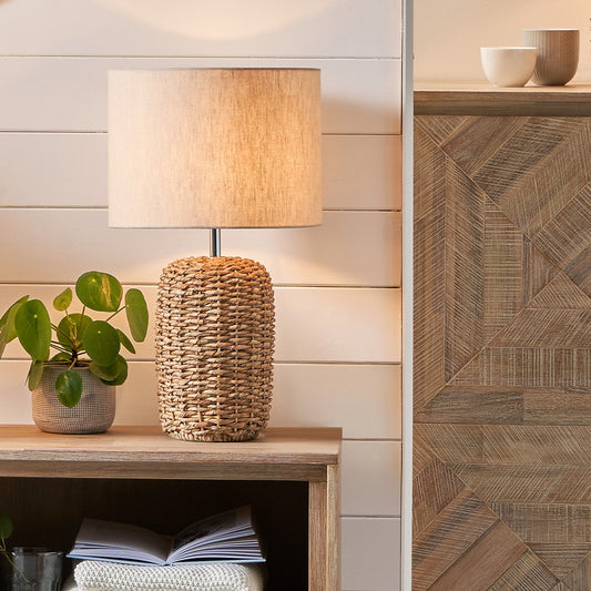 Shop the Acer Natural Woven Tall Table Lamp. its textured ivory shade perfectly complements the neutral tones of the base. Shop online now at www.nobleandnook.co.uk