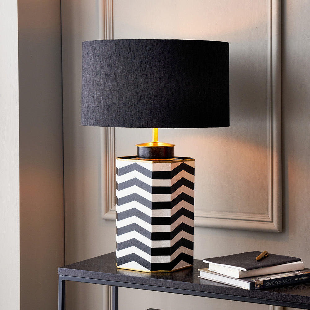 Oskar Black & White Chevron Table Lamp with Stellan 40cm Gold Lined Shade | Modern Lighting
