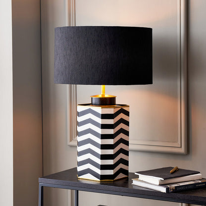 Oskar Black & White Chevron Table Lamp with Stellan 40cm Gold Lined Shade | Modern Lighting