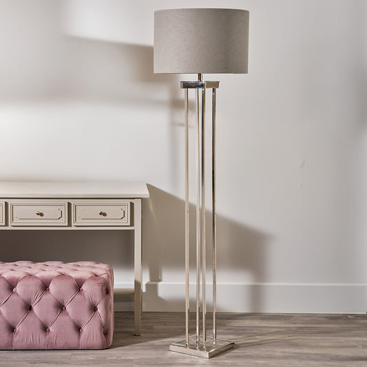Langston Nickel Metal Column Floor Lamp with Grey Linen Shade