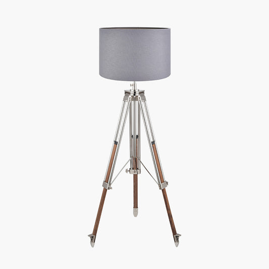 Port Nickel and Wood Tripod Floor Lamp Base with Lino 55cm Steel Grey Linen Cylinder Lampshade