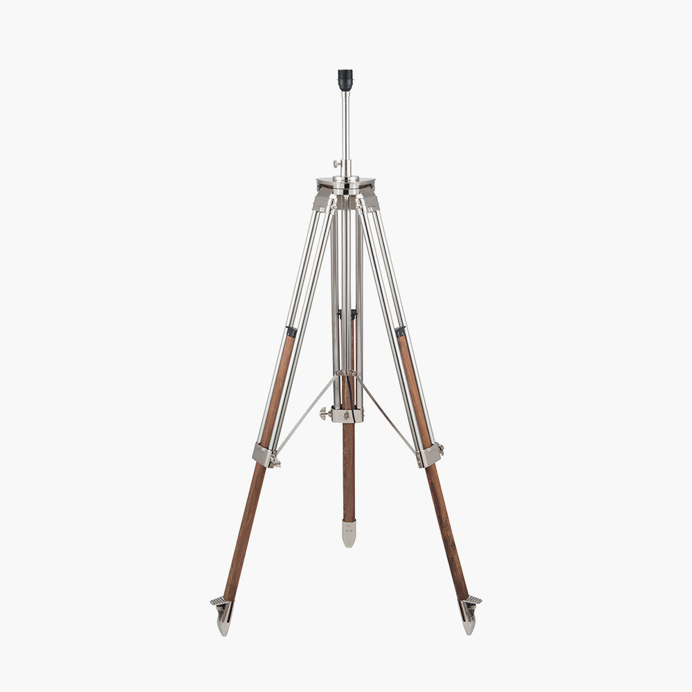 Port Nickel and Wood Tripod Floor Lamp Base with Lino 55cm Steel Grey Linen Cylinder Lampshade