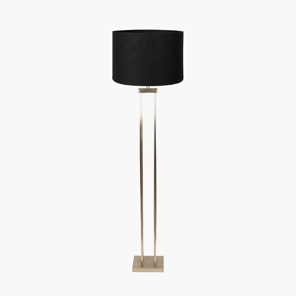Langston Satin Brass Metal Column Floor Lamp Base with Lino 45cm Black Self-Lined Linen Cylinder Lampshade – Modern Glamour and Refined Ambience