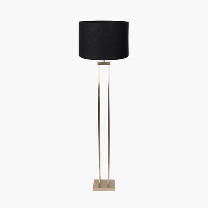 Langston Satin Brass Metal Column Floor Lamp Base with Lino 45cm Black Self-Lined Linen Cylinder Lampshade – Modern Glamour and Refined Ambience