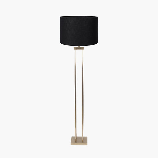 Langston Satin Brass Metal Column Floor Lamp Base with Lino 45cm Black Self-Lined Linen Cylinder Lampshade – Modern Glamour and Refined Ambience