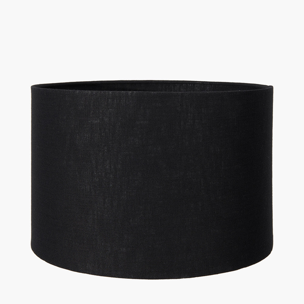 Langston Satin Brass Metal Column Floor Lamp Base with Lino 45cm Black Self-Lined Linen Cylinder Lampshade – Modern Glamour and Refined Ambience