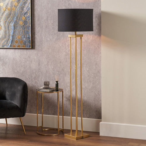 Langston Satin Brass Metal Column Floor Lamp Base with Lino 45cm Black Self-Lined Linen Cylinder Lampshade – Modern Glamour and Refined Ambience
