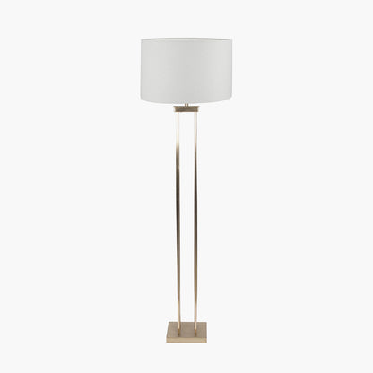 Langston Satin Brass Metal Column Floor Lamp with White Linen Shade