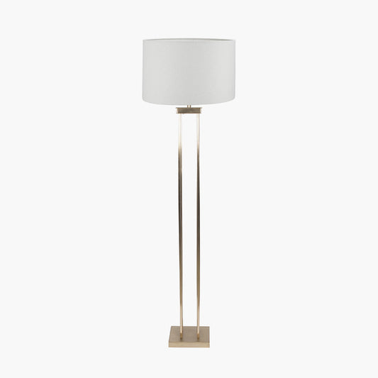 Langston Satin Brass Metal Column Floor Lamp with White Linen Shade