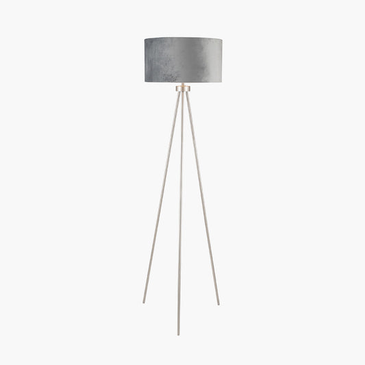 Houston Brushed Silver Tripod Floor Lamp with Black Velvet Shade