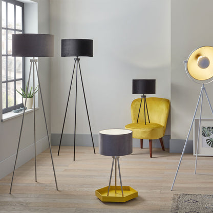 Houston Brushed Silver Tripod Floor Lamp with Black Velvet Shade