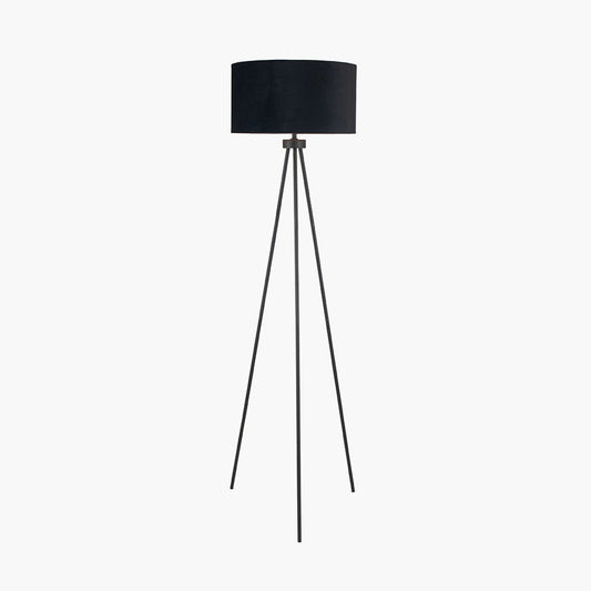 Black Velvet Shade Tripod Floor Lamp with Matt Black Metal Base
