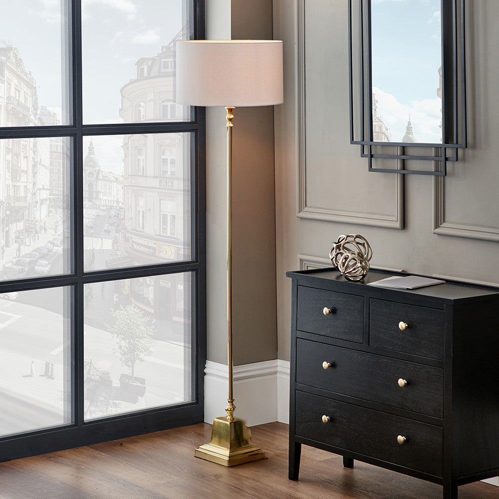 Claudius Gold Metal Stick Floor Lamp Base with Henry 40cm White Handloom Cylinder Lampshade