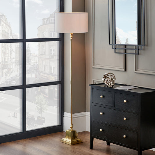Claudius Gold Metal Stick Floor Lamp Base with Henry 40cm White Handloom Cylinder Lampshade