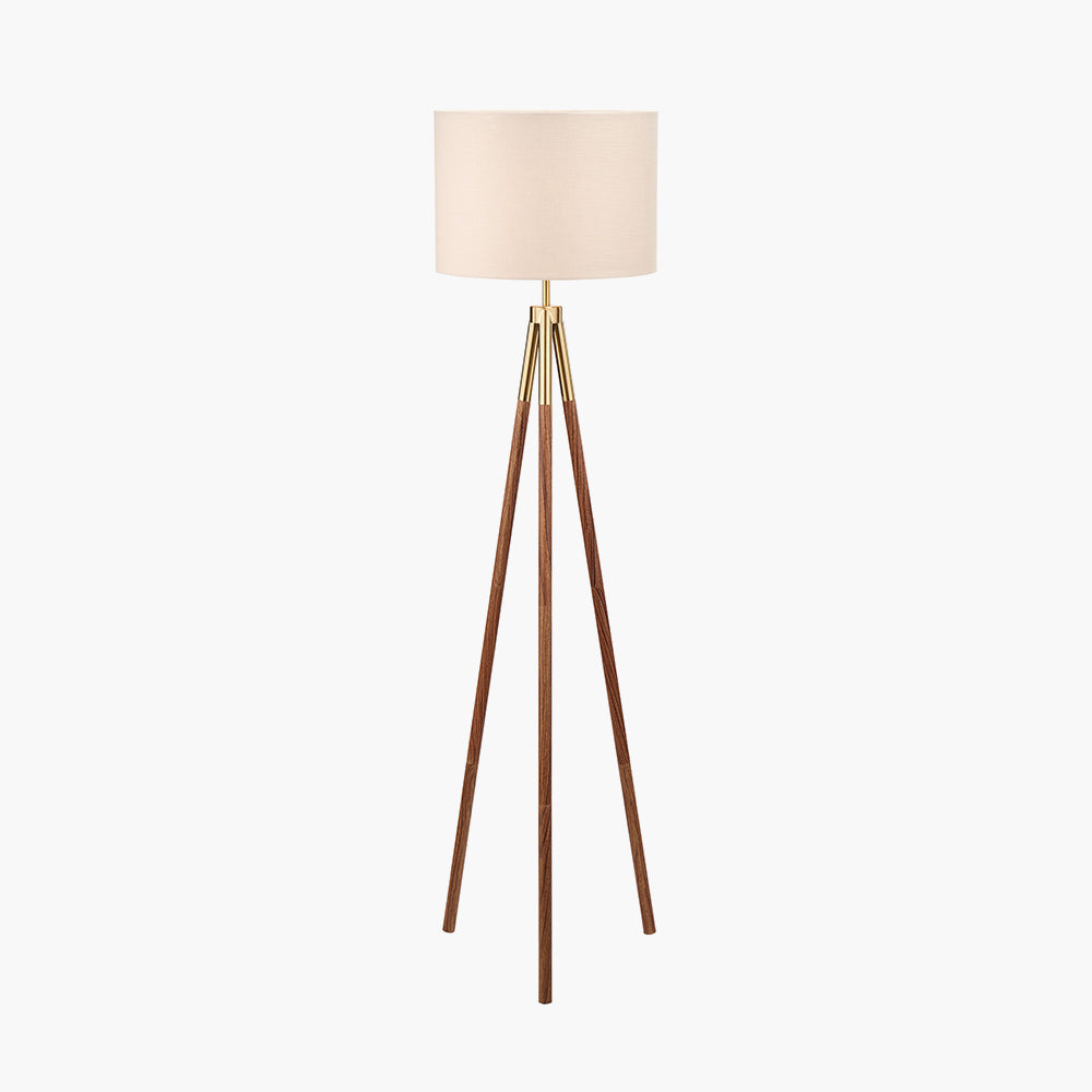 Vali Gold Metal and Brown Wood Grain Tripod Floor Lamp