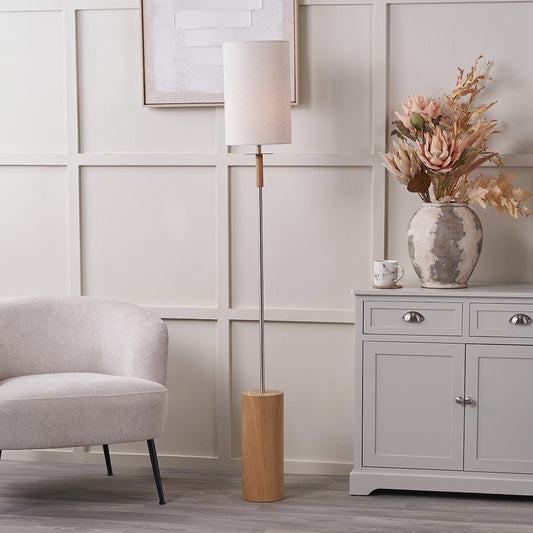 Bonham Natural Wood Veneer and Silver Metal Floor Lamp