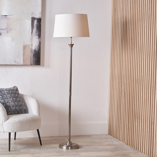 Salvatore Antique Silver Metal Floor Lamp with Winston White Handloom Shade