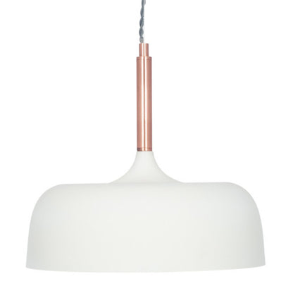 Shop this elegant pendant light featuring a simple yet refined design, with smooth curves and a matt white finish complemented by copper metal accents. Shop online now at www.nobleandnook.co.uk