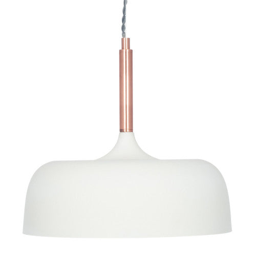 Shop this elegant pendant light featuring a simple yet refined design, with smooth curves and a matt white finish complemented by copper metal accents. Shop online now at www.nobleandnook.co.uk