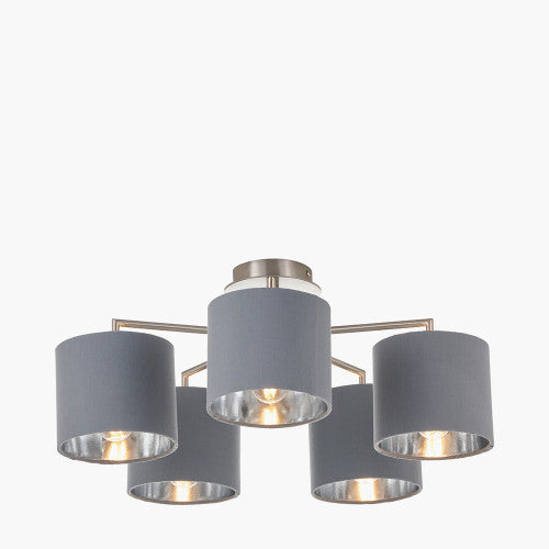 Elin Brushed Silver and Steel Grey 5 Light Pendant – Semi Flush Ceiling Light