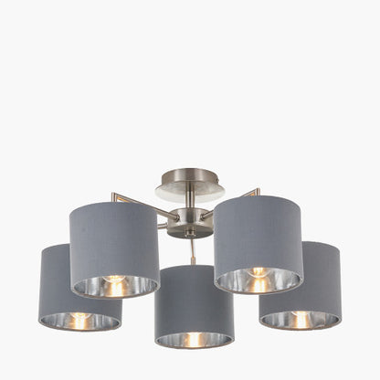 Elin Brushed Silver and Steel Grey 5 Light Pendant – Semi Flush Ceiling Light