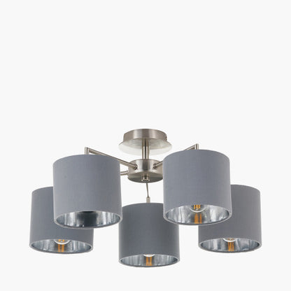 Elin Brushed Silver and Steel Grey 5 Light Pendant – Semi Flush Ceiling Light
