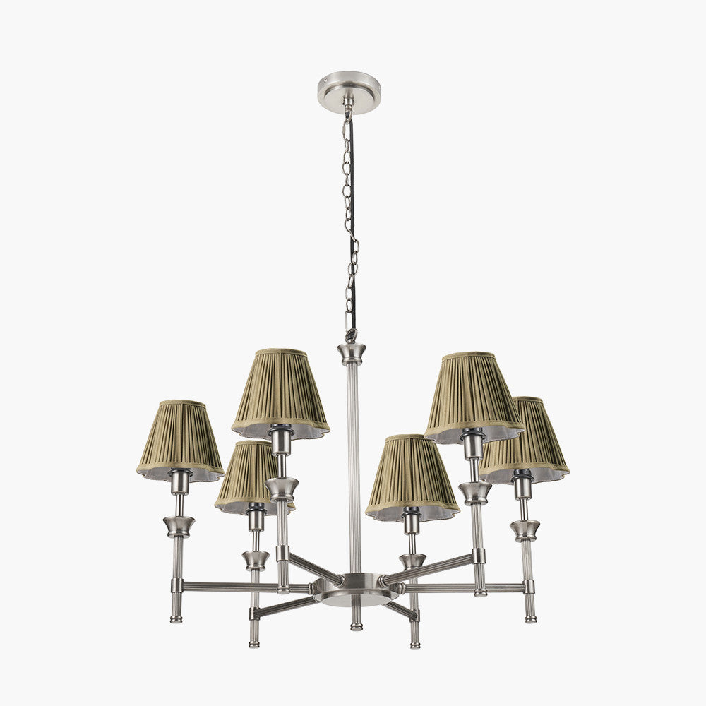 Salvatore Antique Silver 6 Arm Pendant with Olive Green Scalloped Shades | Elegant Ceiling Light