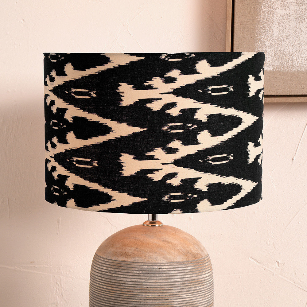 Lars 35cm Black Ikat Patterned Cylinder Lampshade | Patterned Lampshade