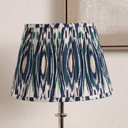 Izara 35cm Ocean Blue Ikat Mushroom Pleat Lampshade | Tapered Cotton Shade UK